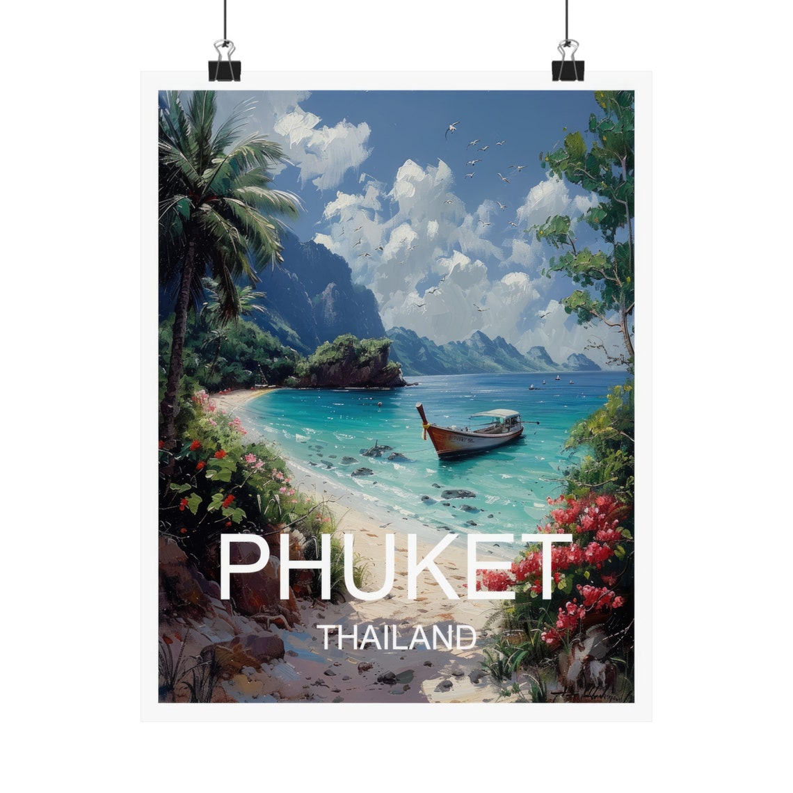 Phuket Thailand Tropical Beach Longtail Boat Cliffs Travel Poster - Image 4