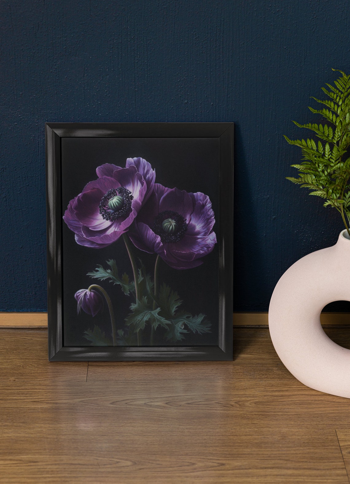 Purple Anemone Flowers Dark Moody Botanical Still Life Art Print