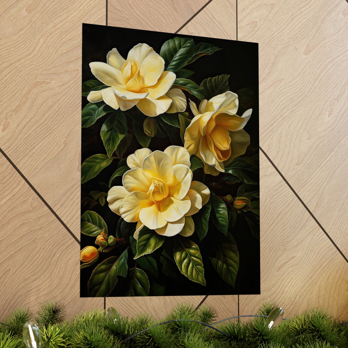 Golden Yellow Gardenia Large Blooms Lush Dark Floral Wall Poster - Image 2