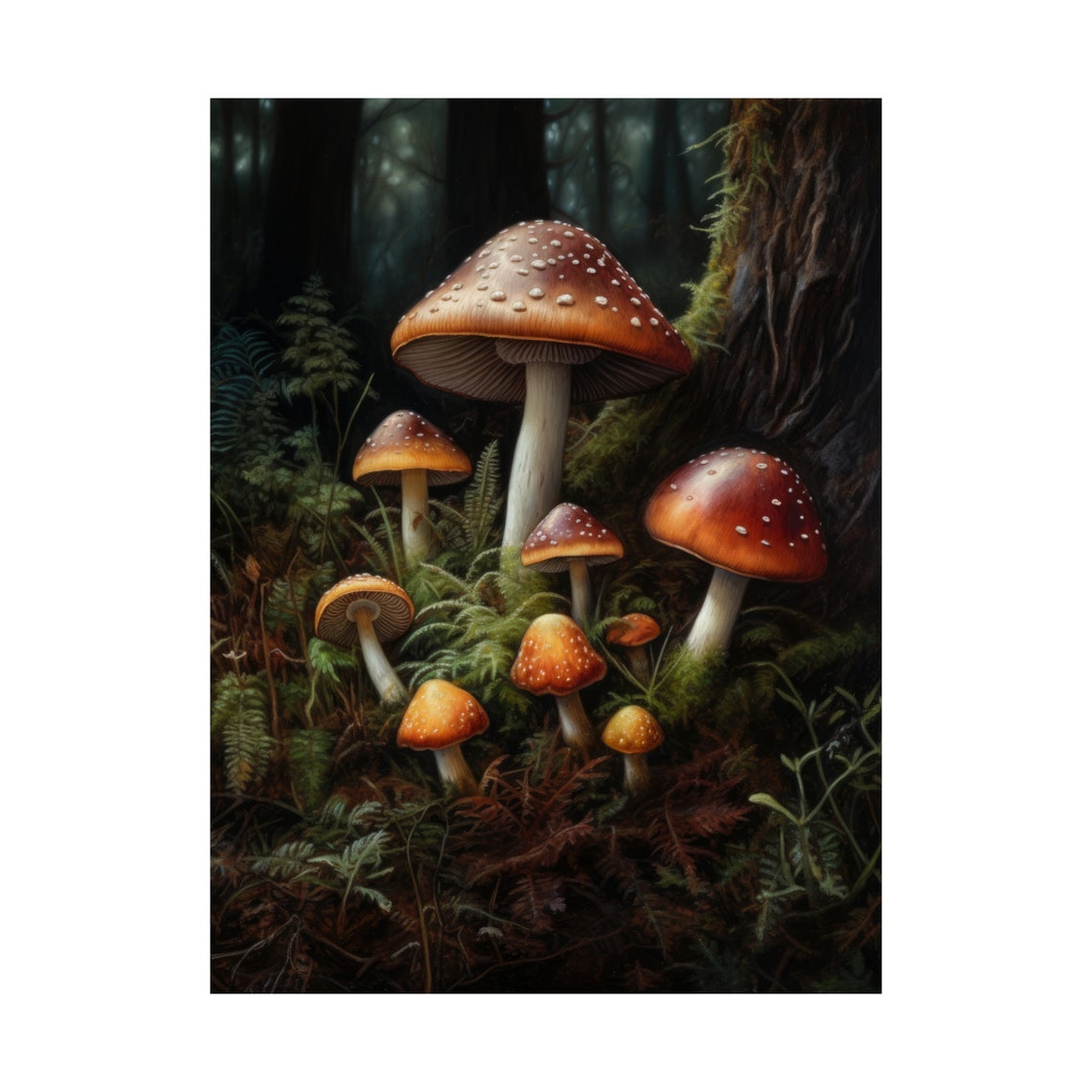 Cluster Of Spotted Brown Mushrooms In Dark Moody Forest Glade Poster - Image 4