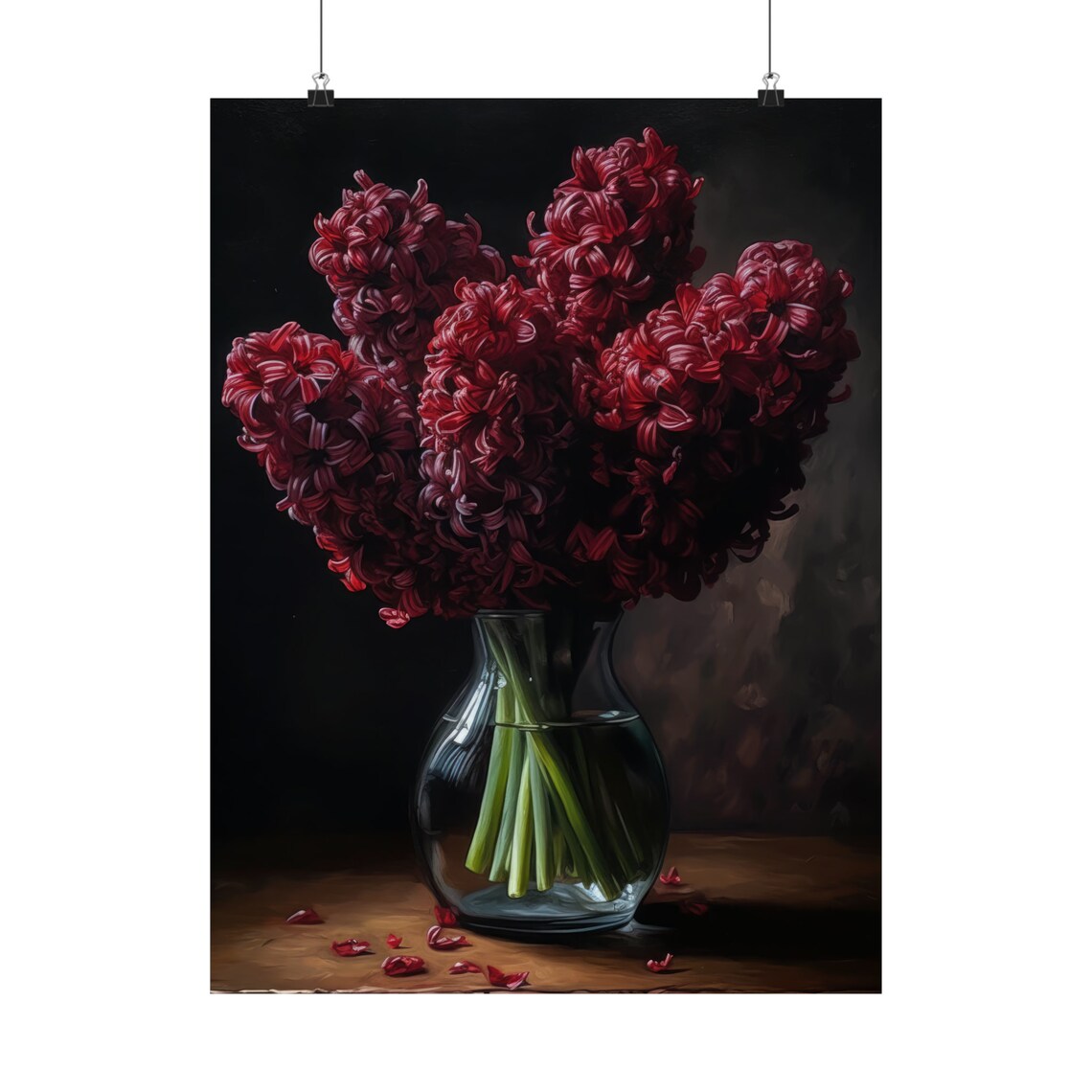 Dark Red Hyacinth Bouquet Glass Vase Dark Still Life Flower Poster - Image 5