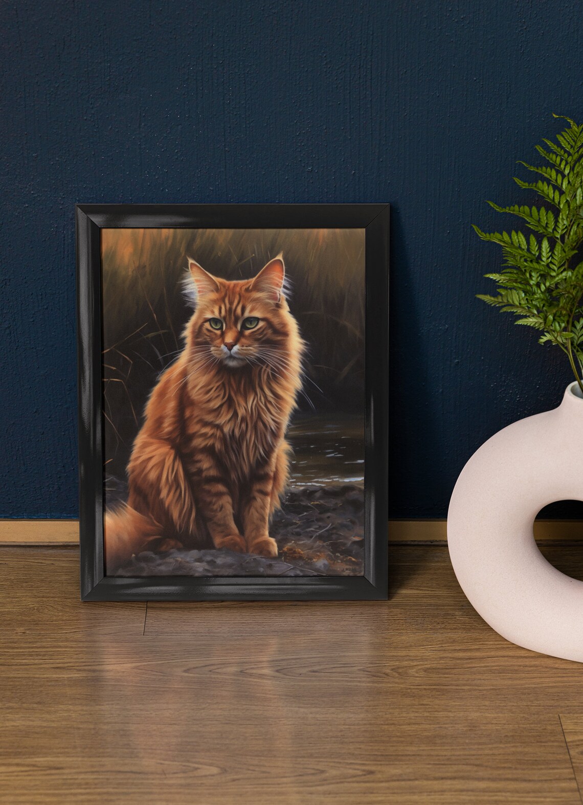 Somali Cat Sitting By Water Ginger Longhair With Green Eyes Portrait Print