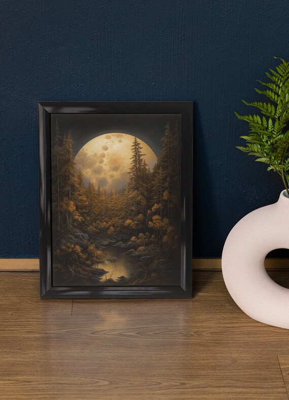 Giant Harvest Moon Over Autumn Pine Forest And Stream Night Wall Art