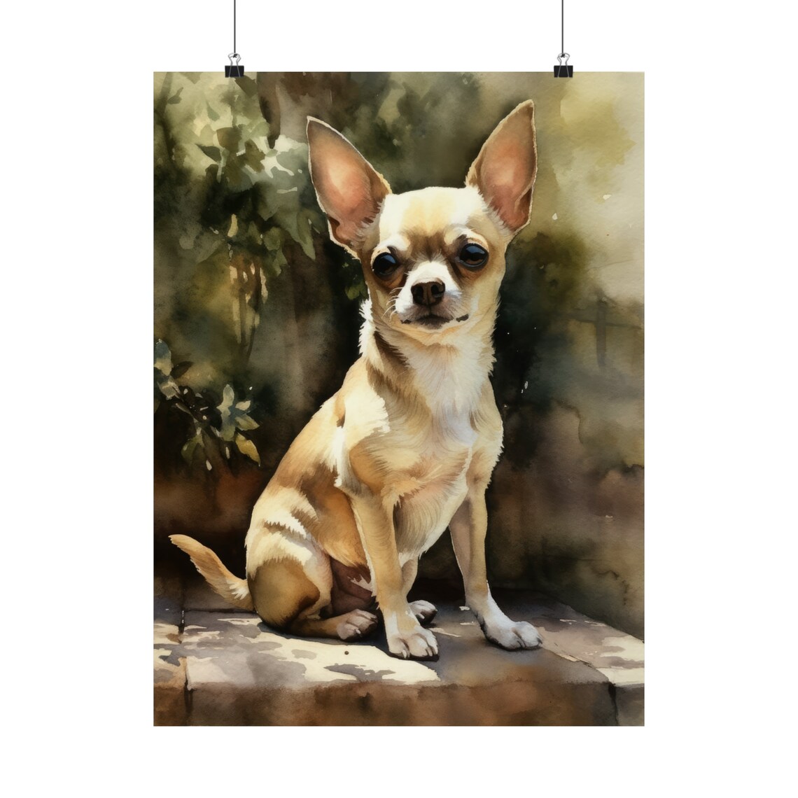 Chihuahua Dog Sitting In Sunlit Garden Watercolor Portrait Print - Image 5