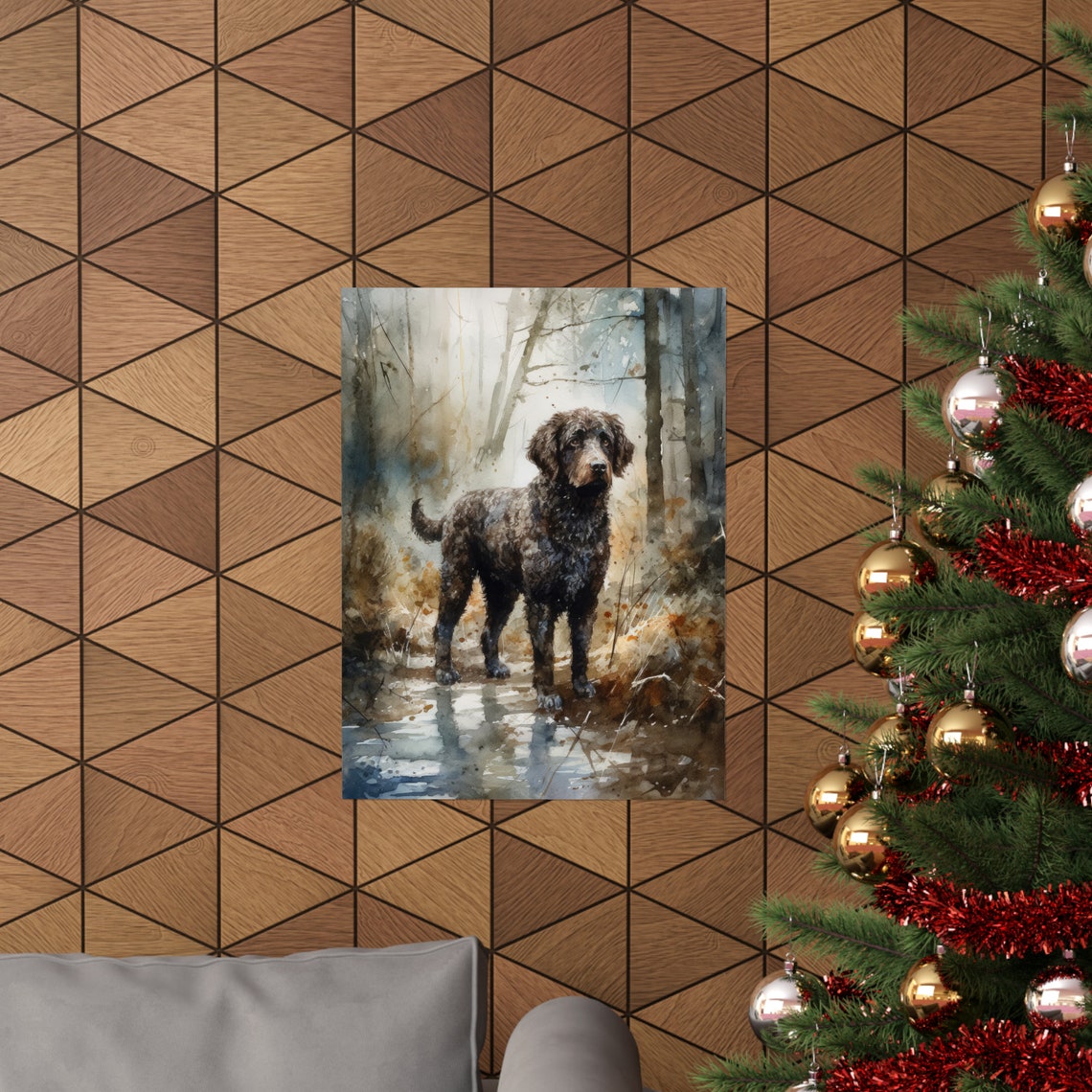 Spanish Water Dog Standing By A Misty Forest Stream Watercolor Poster - Image 3