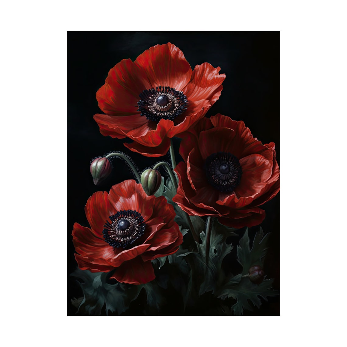 Red Anemone Blooms Black Background Moody Floral Still Life Art Poster - Image 4