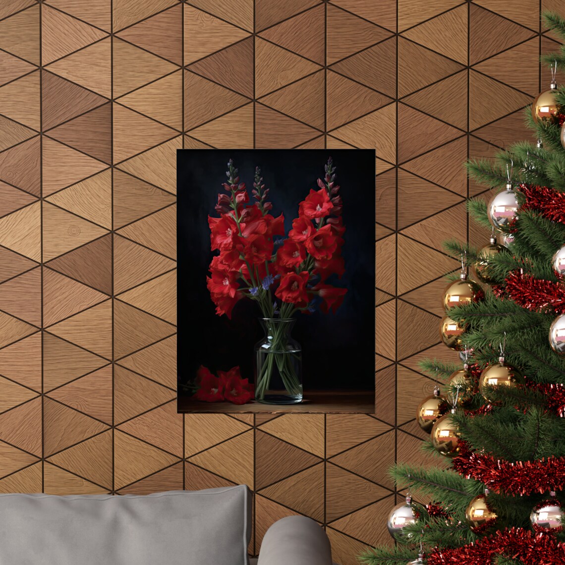 Scarlet Red Delphinium Bouquet Glass Vase Dark Still Life Poster - Image 3