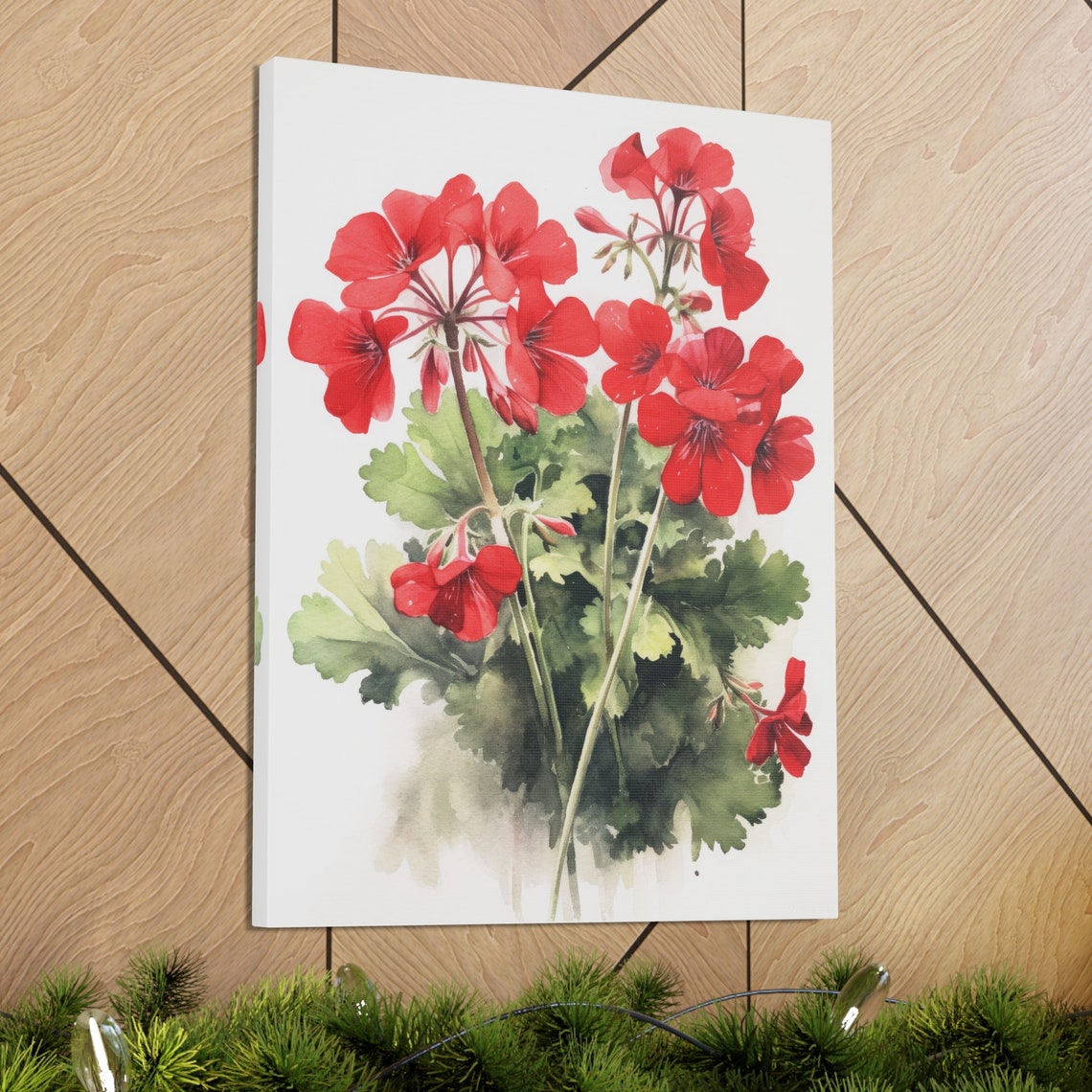 Red Geranium Watercolor Flower Clusters Green Foliage Art Print - Image 3