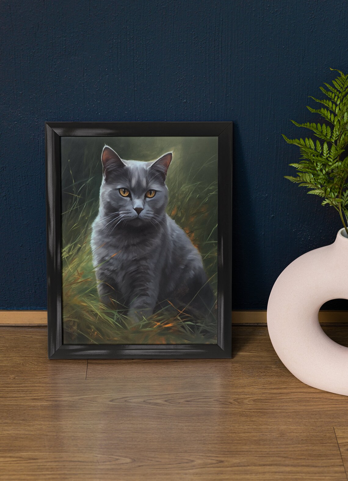Chartreux Cat Blue Gray Shorthair Golden Eyes Portrait In Grass Art Print