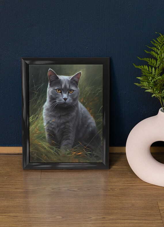 Chartreux Cat Blue Gray Shorthair Golden Eyes Portrait In Grass Art Print