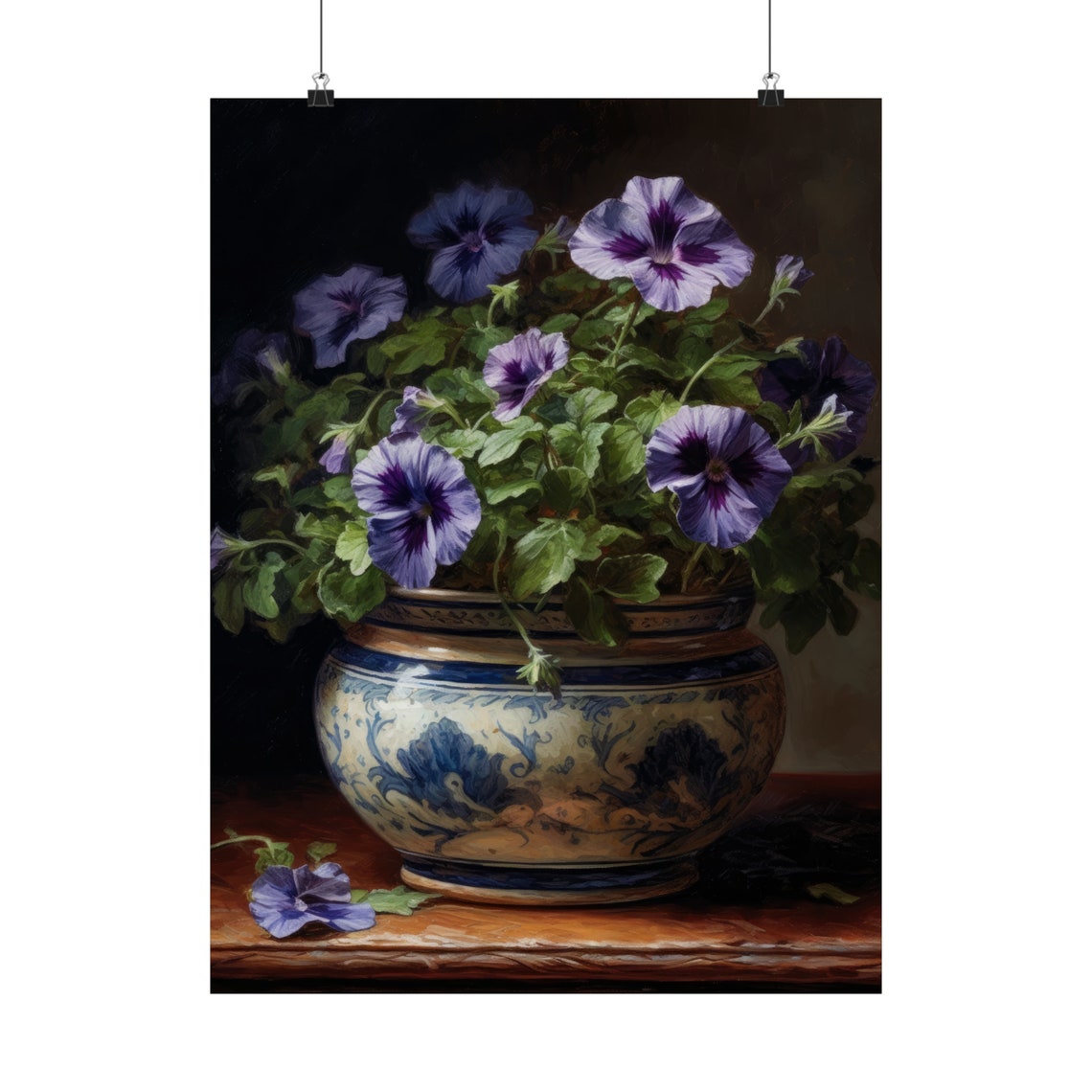Violet Petunias Porcelain Pot Dark Moody Floral Still Life Poster - Image 5