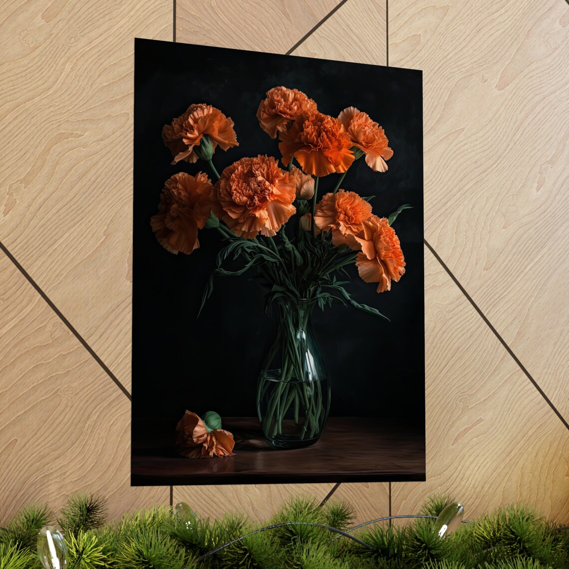 Orange Carnation Bouquet Glass Vase Still Life Floral Art Poster - Image 2