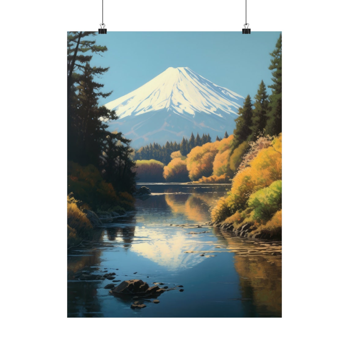 Mt Fuji Snow Capped Peak River Reflection Autumn Forest Travel Poster - Image 5