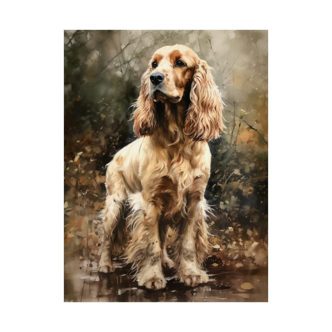 Golden English Cocker Spaniel Sitting In Misty Woods Watercolor Print - Image 4