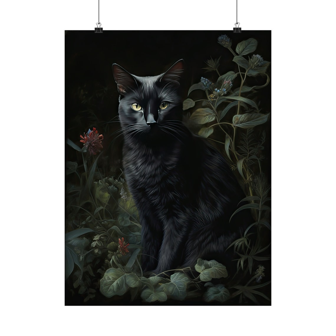 Black Cat With Pale Eyes Emerging From Dark Shadowy Foliage Poster - Image 5