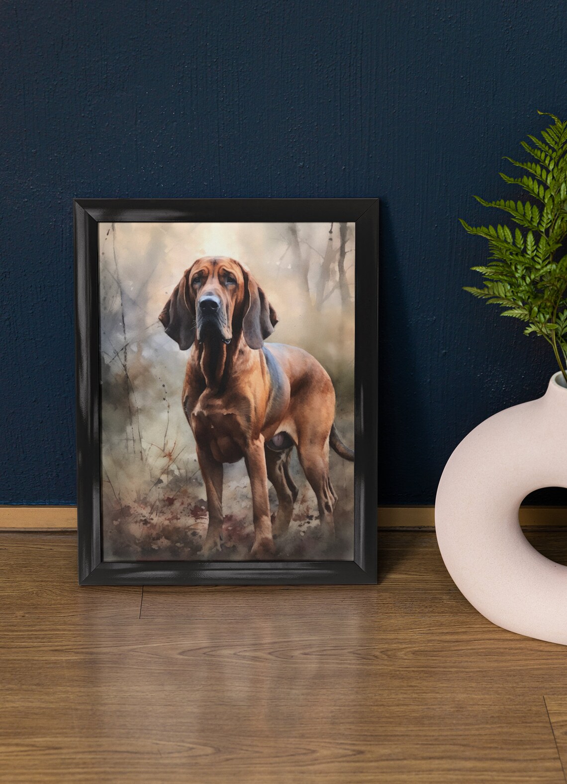 Bloodhound Standing In Misty Woods Noble Portrait Watercolor Dog Print