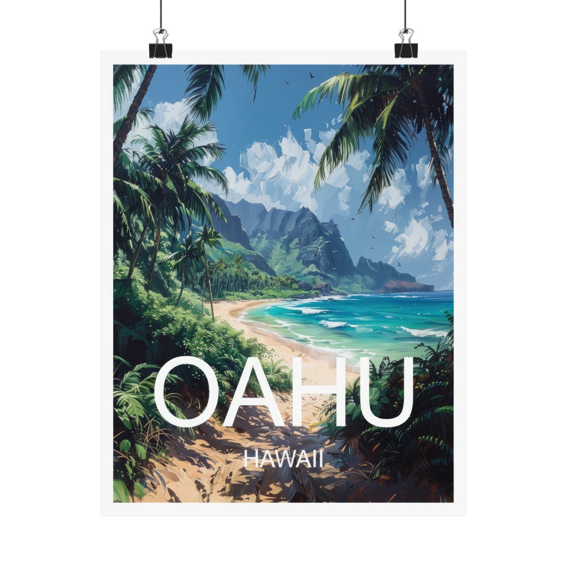 Oahu Hawaii Tropical Beach Palm Coast Mountain View Travel Poster - Image 4