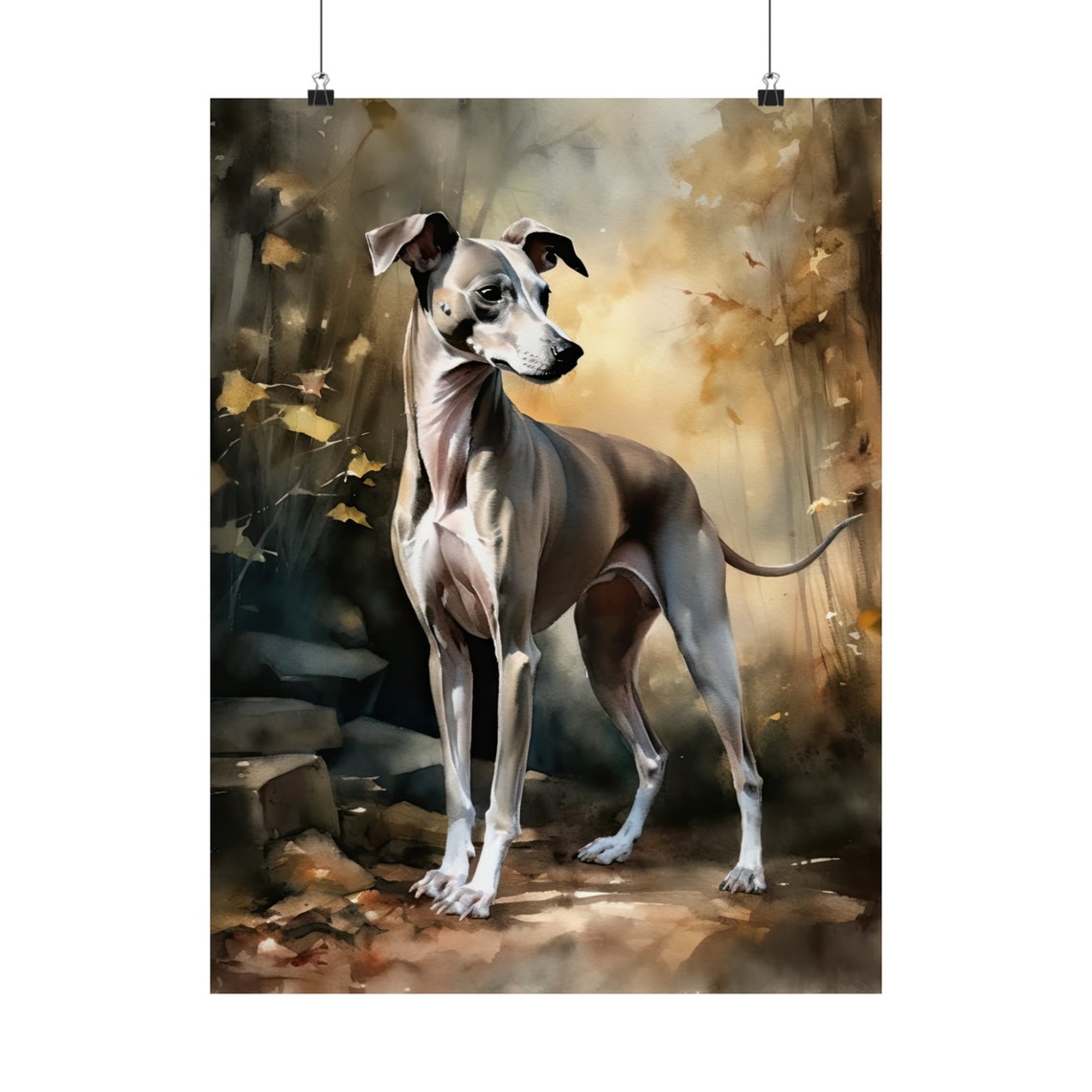 Italian Greyhound Standing In Golden Autumn Light Watercolor Poster - Image 5