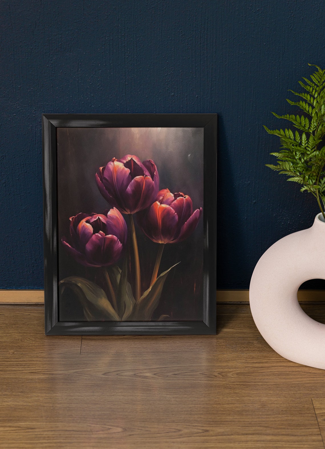 Three Purple Tulips Dramatic Spotlight Dark Moody Floral Wall Art