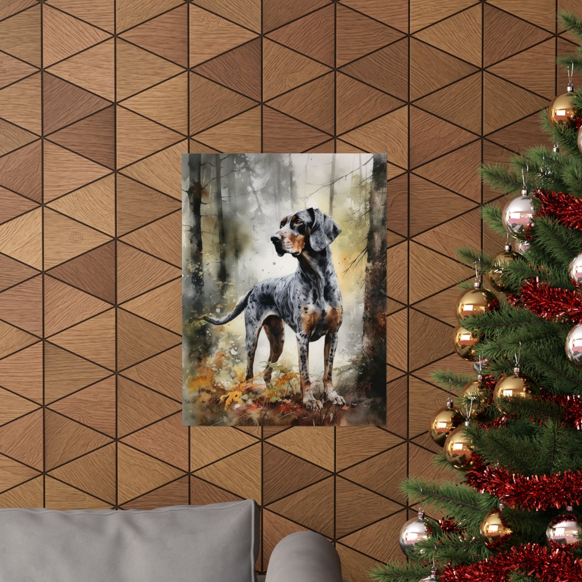Bluetick Coonhound Standing in Misty Forest Watercolor Dog Print - Image 3