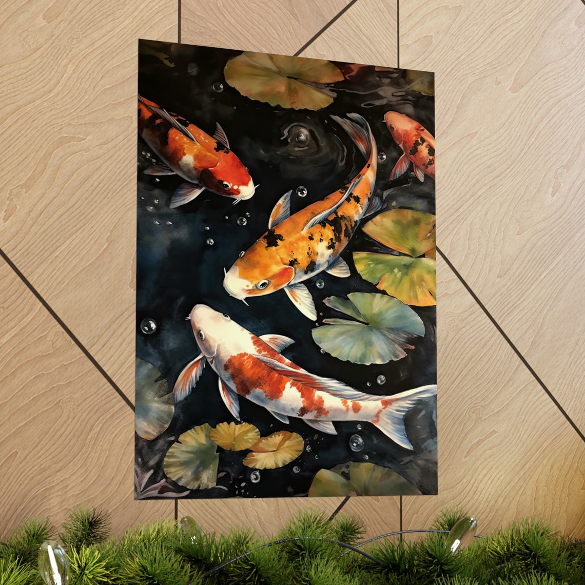 Four Koi Fish Pond with Lily Pads Bubbles Painting Art Print - Image 2