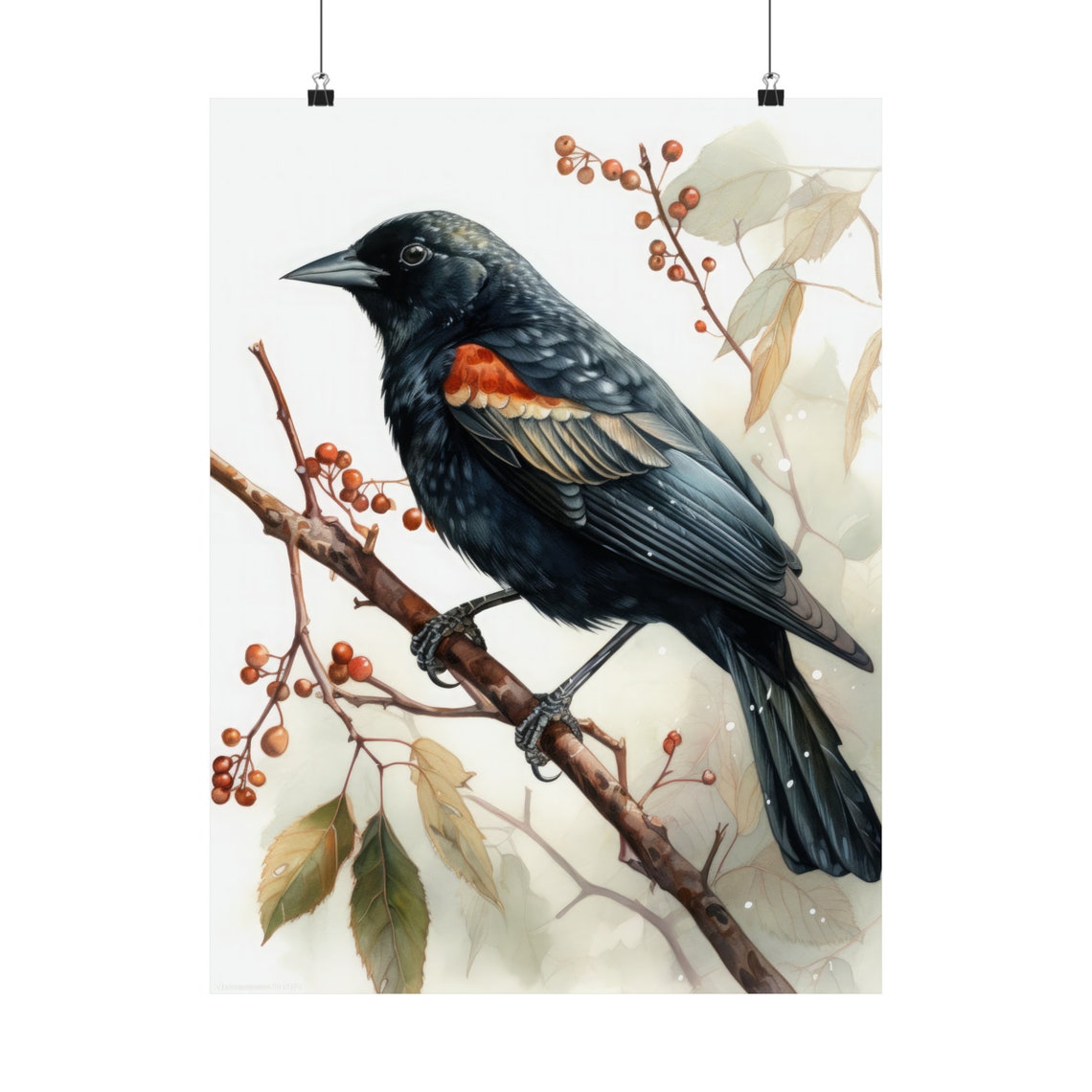 Red Winged Blackbird Watercolor Red Berry Branch Bird Fine Art Poster - Image 5