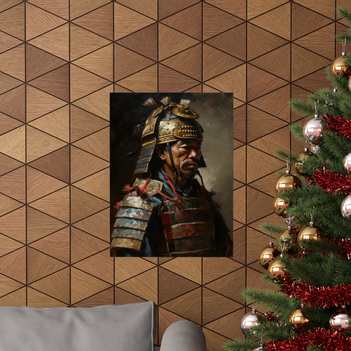 Samurai Warrior in Ornate Golden Kabuto Helmet Oil Painting Art Print - Image 3