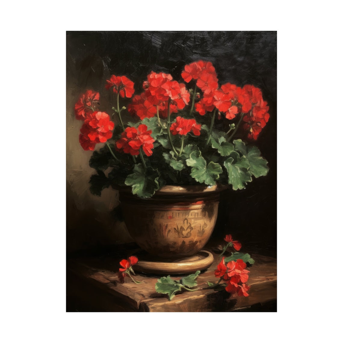 Scarlet Red Geranium Clay Pot Dark Rustic Still Life Flower Poster - Image 4
