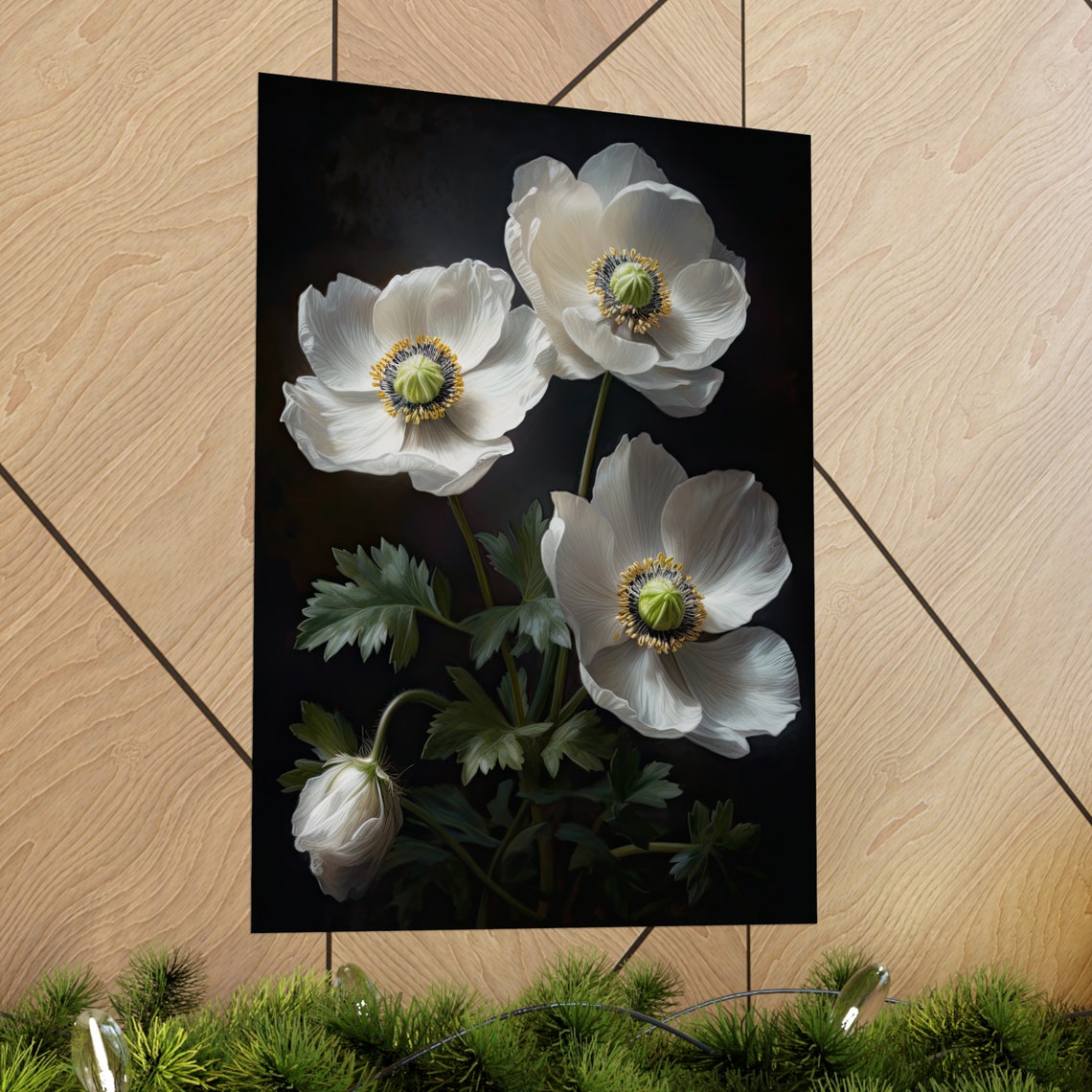 White Anemone Flowers Dark Background Botanical Painting Art Print - Image 2