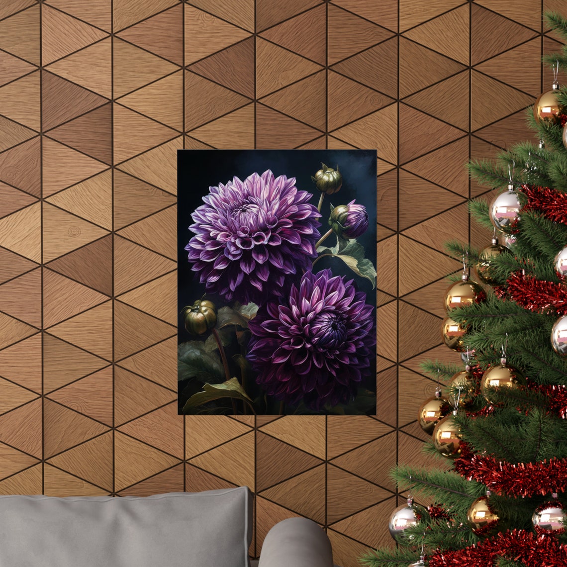 Deep Purple Dahlia Blooms Moody Dark Floral Botanical Art Print - Image 3