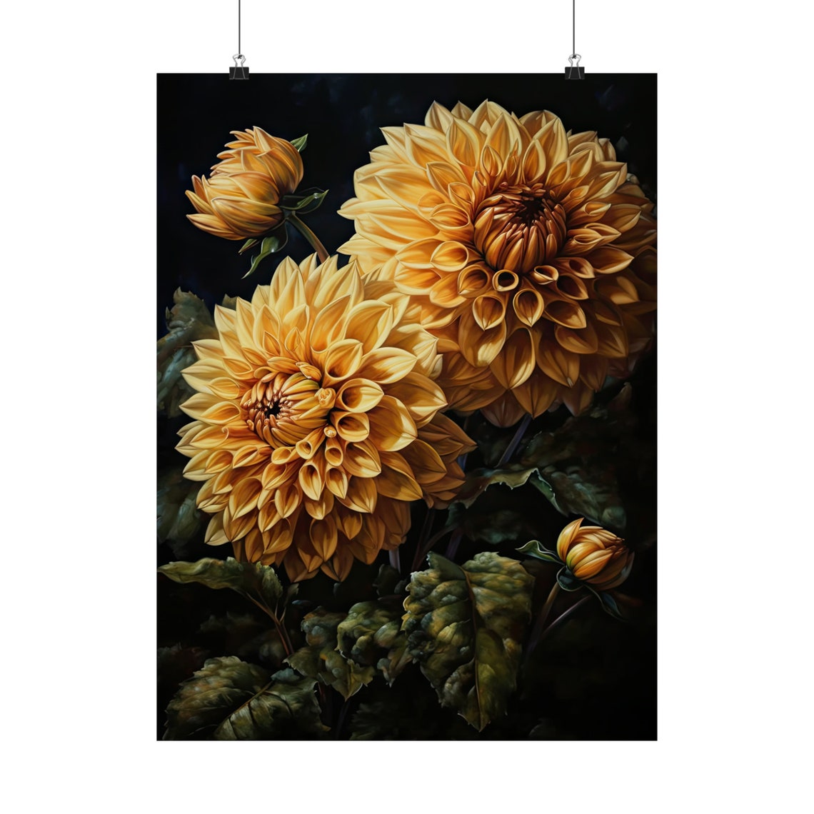 Golden Yellow Dahlia Blooms Dark Moody Floral Botanical Art Print - Image 5