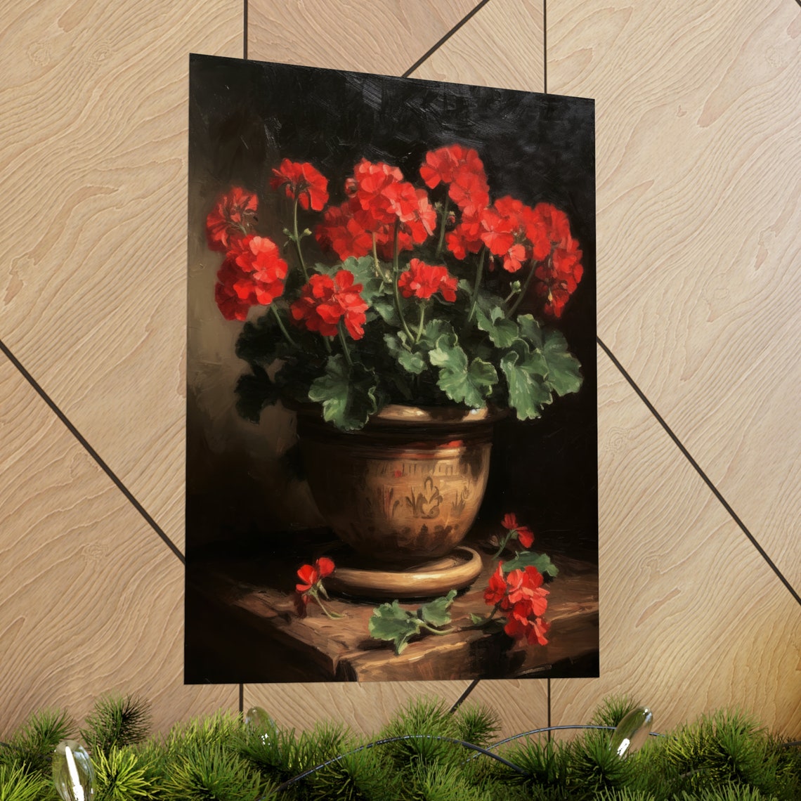 Scarlet Red Geranium Clay Pot Dark Rustic Still Life Flower Poster - Image 2
