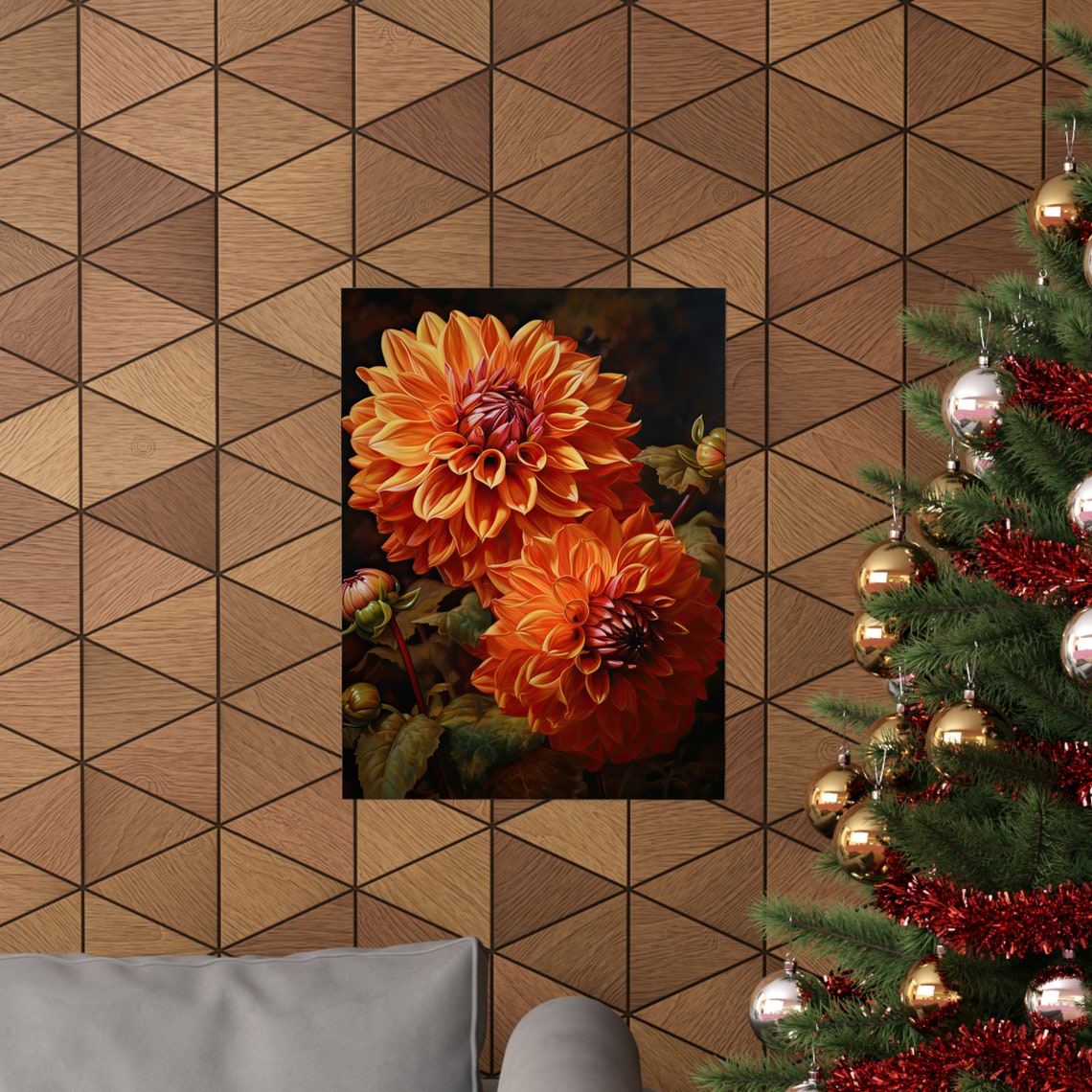 Burnt Orange Dahlia Blooms Bold Dark Floral Botanical Art Print - Image 3