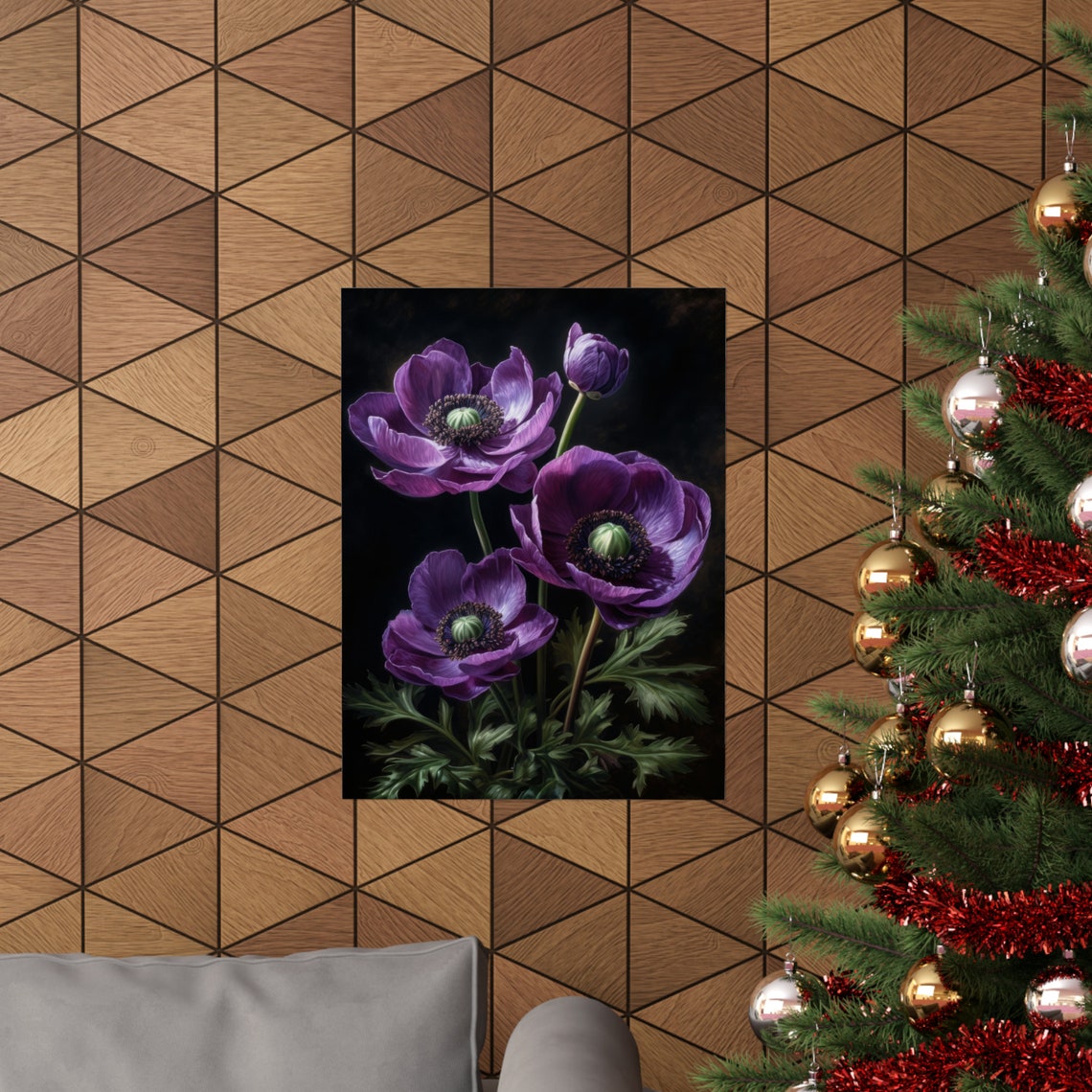 Purple Anemone Blooms Buds Dark Moody Botanical Floral Art Poster - Image 3