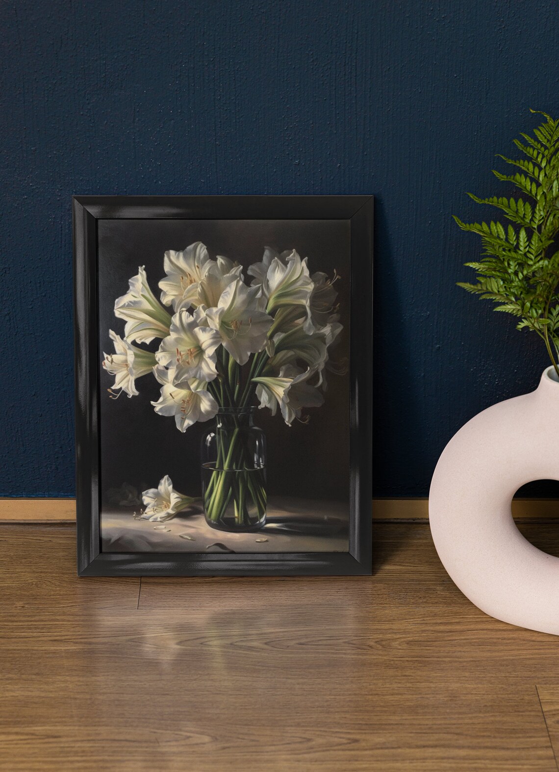 White Amaryllis Bouquet Dark Still Life Glass Vase Flower Art Print