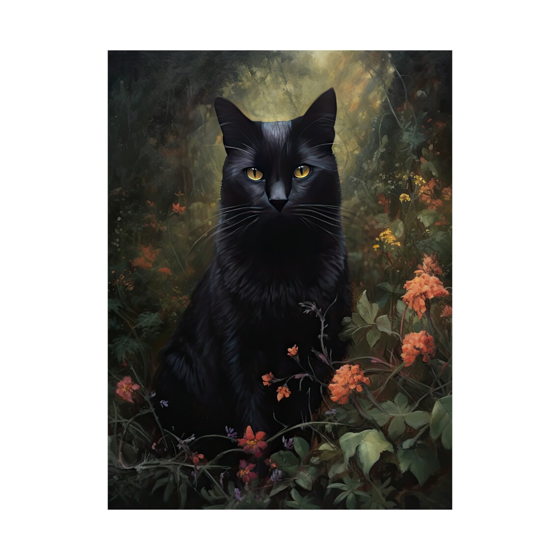 Black Cat With Golden Eyes In Moody Dark Garden Flowers Watercolor Print - Image 4