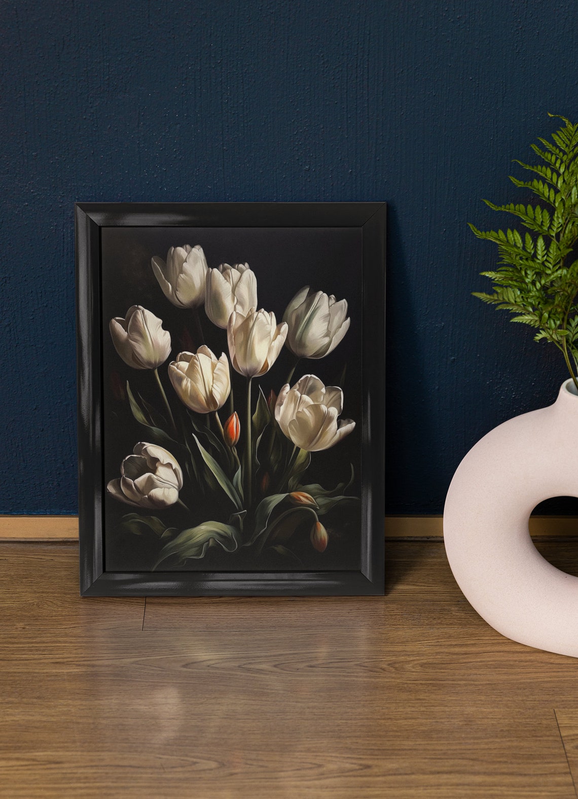 White Tulips Dark Moody Oil Painting Elegant Floral Wall Art