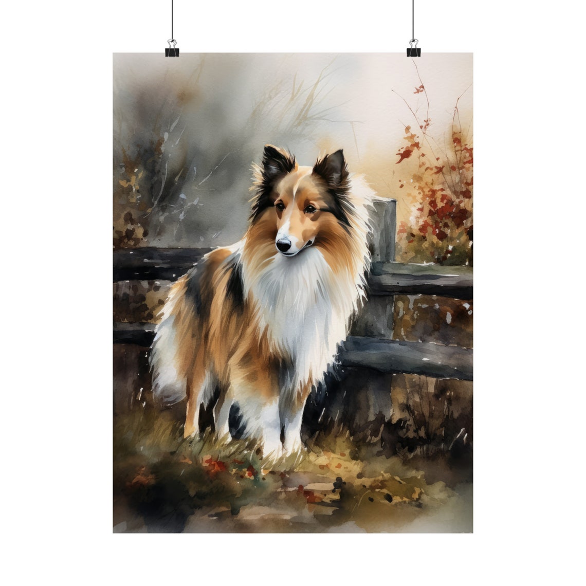 Shetland Sheepdog Dog Watercolor Portrait Autumn Fence Scene Poster - Image 5