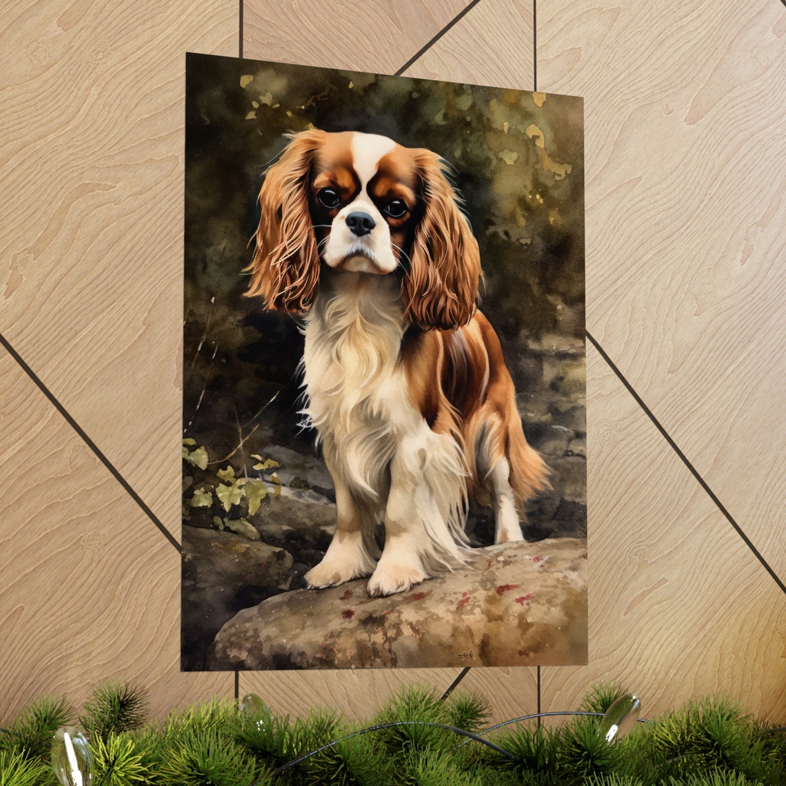 English Toy Spaniel Standing on Rocks Watercolor Dog Art Print - Image 2