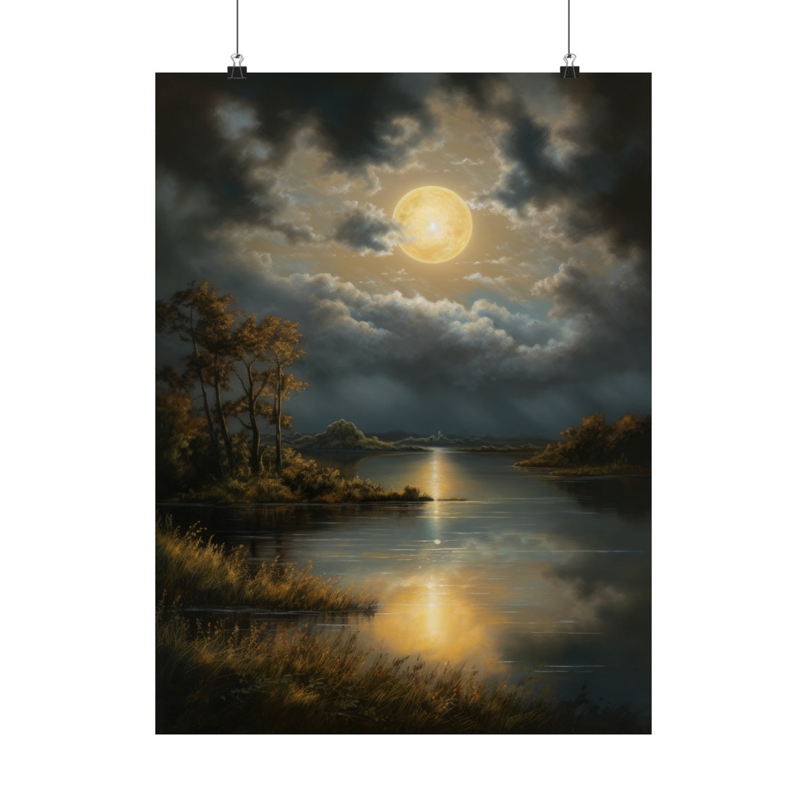 Golden Full Moon Over Calm Lake Night Reflection Moody Wall Art Print - Image 5