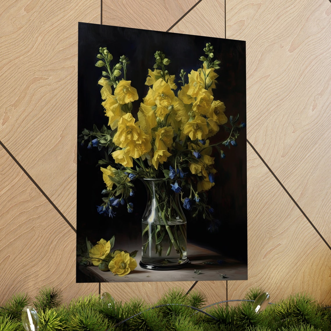 Yellow Delphinium Tall Spikes Glass Vase Dark Still Life Poster - Image 2