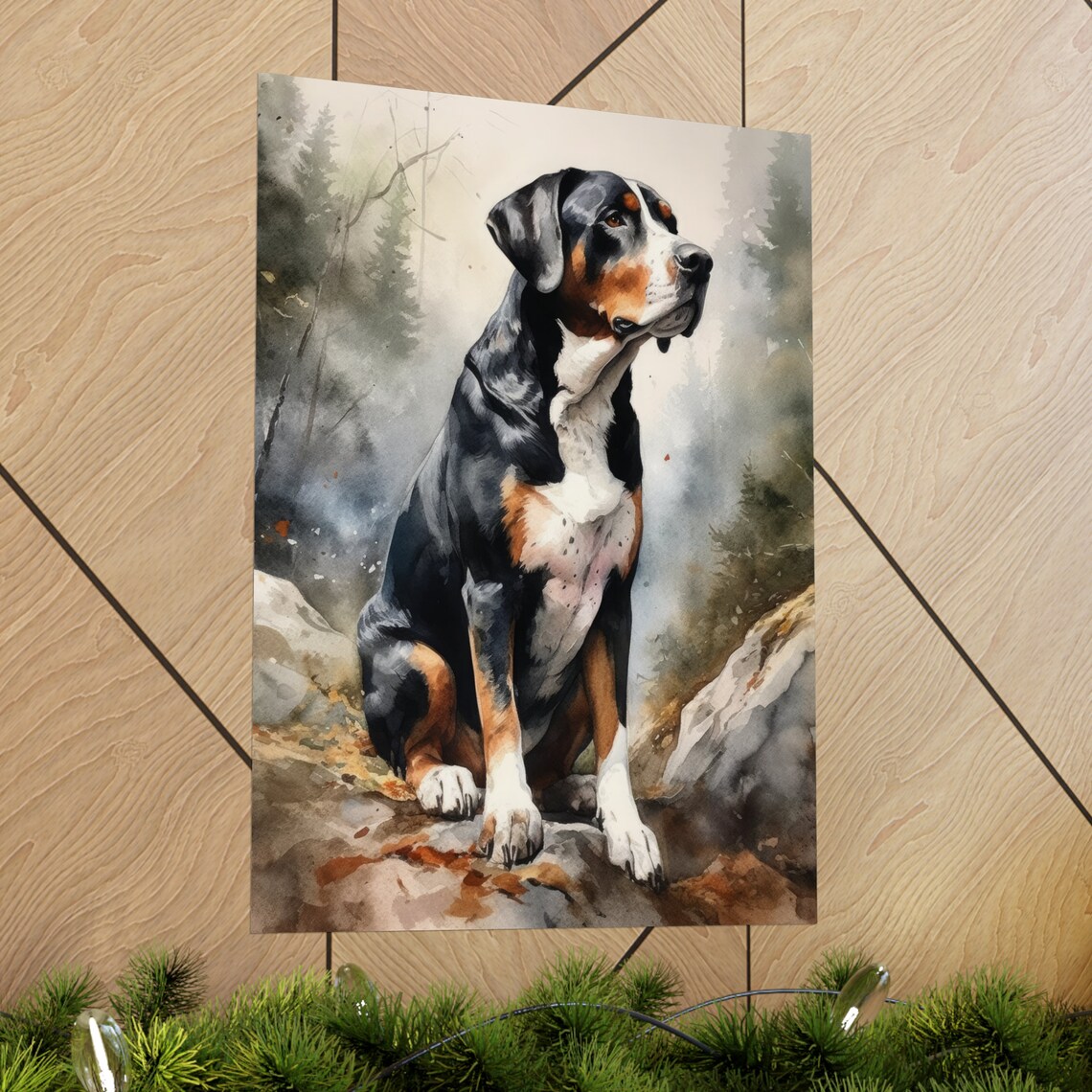 Greater Swiss Mountain Dog Tricolor Sitting Rocks Watercolor Poster - Image 2