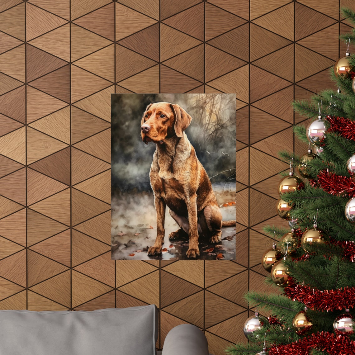 Wirehaired Vizsla Watercolor Portrait Sitting In Misty Woods Art Print - Image 3
