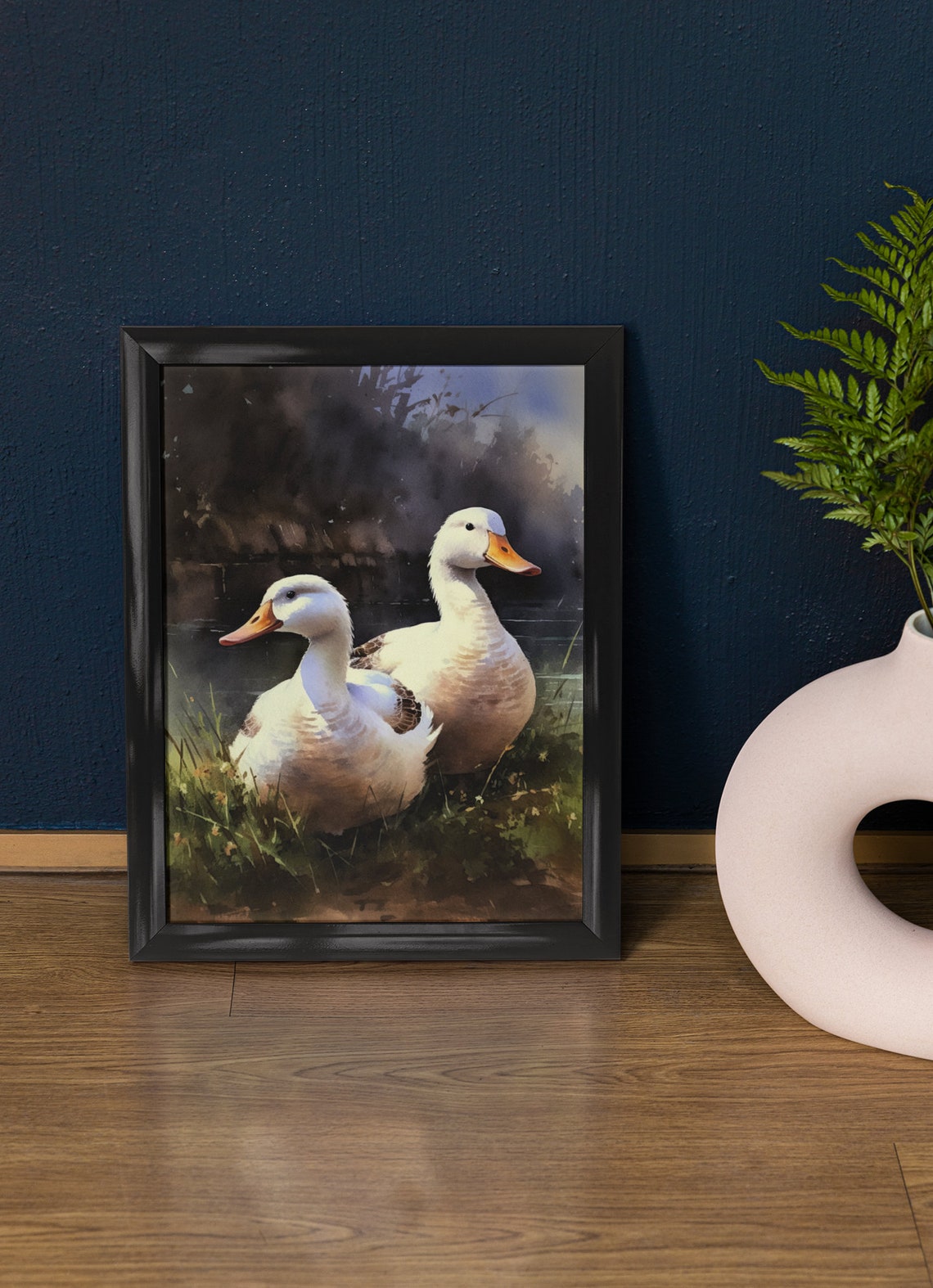 Pair of White Ducks Pond Watercolor Rustic Farmhouse Wall Art Print