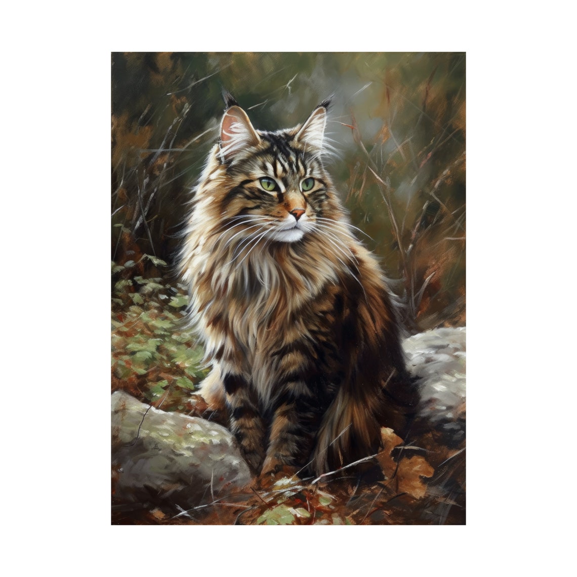 Long Haired Tabby Cat Autumn Woods Portrait Feline Art Poster - Image 4