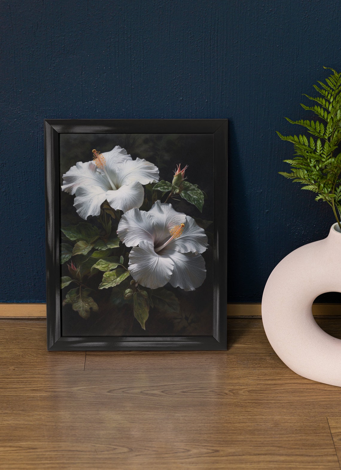 White Hibiscus Flowers Dark Background Tropical Fine Art Poster