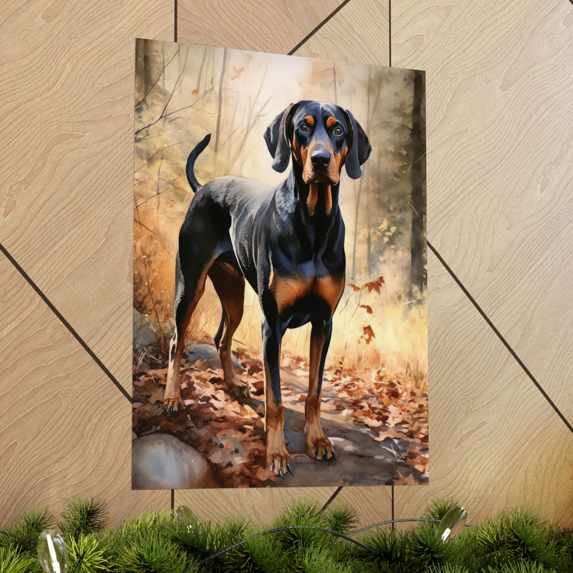 Black And Tan Coonhound Standing In Autumn Woods Watercolor Dog Poster - Image 2