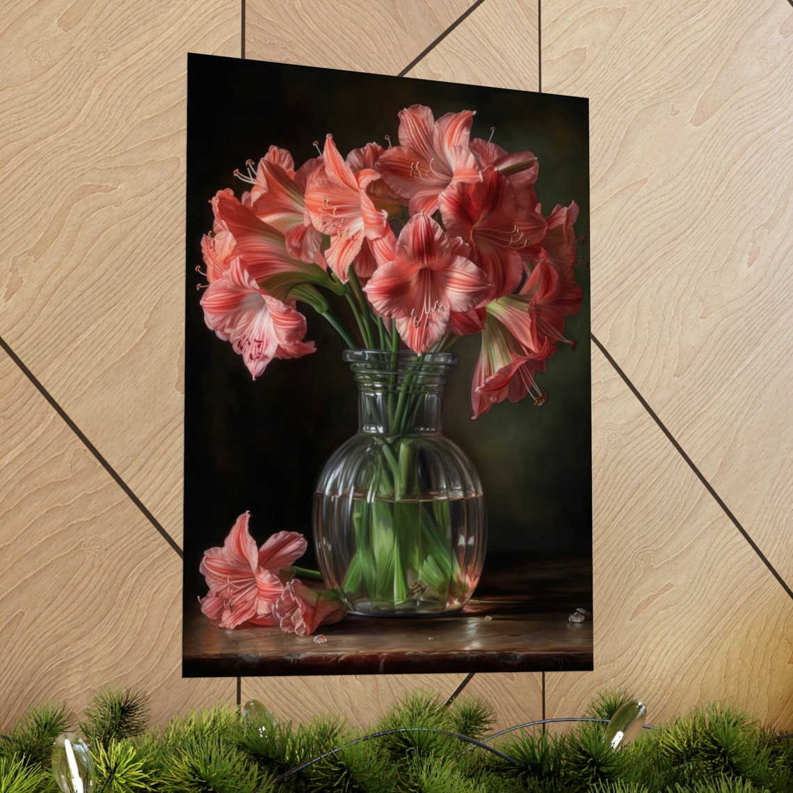 Pink Amaryllis Flowers Ribbed Glass Vase Dark Still Life Art Print - Image 2