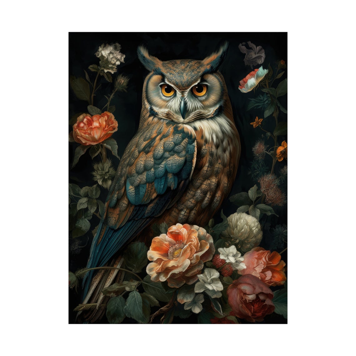Great Horned Owl With Amber Eyes Among Dark Moody Roses Poster - Image 4