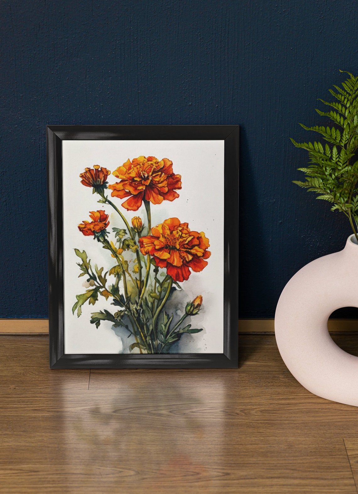 Orange Marigold Flowers Watercolor Botanical Floral Fine Art Poster